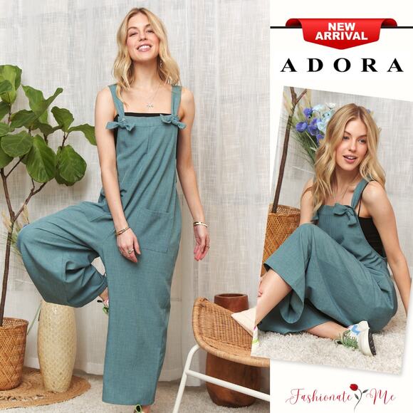 ADORA Knotted Wide Strap Front Pockets Relaxed Fit Wide Leg Overalls | Blue - Picture 1 of 7